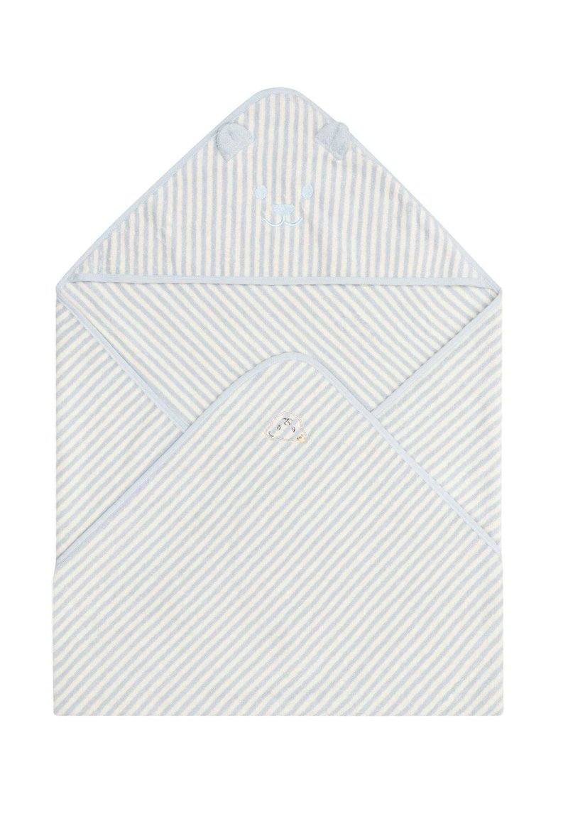 Cotton baby towel with a triangular hood, blue and white stripes, bear design, and rounded ears. Soft texture and stitched accents.
