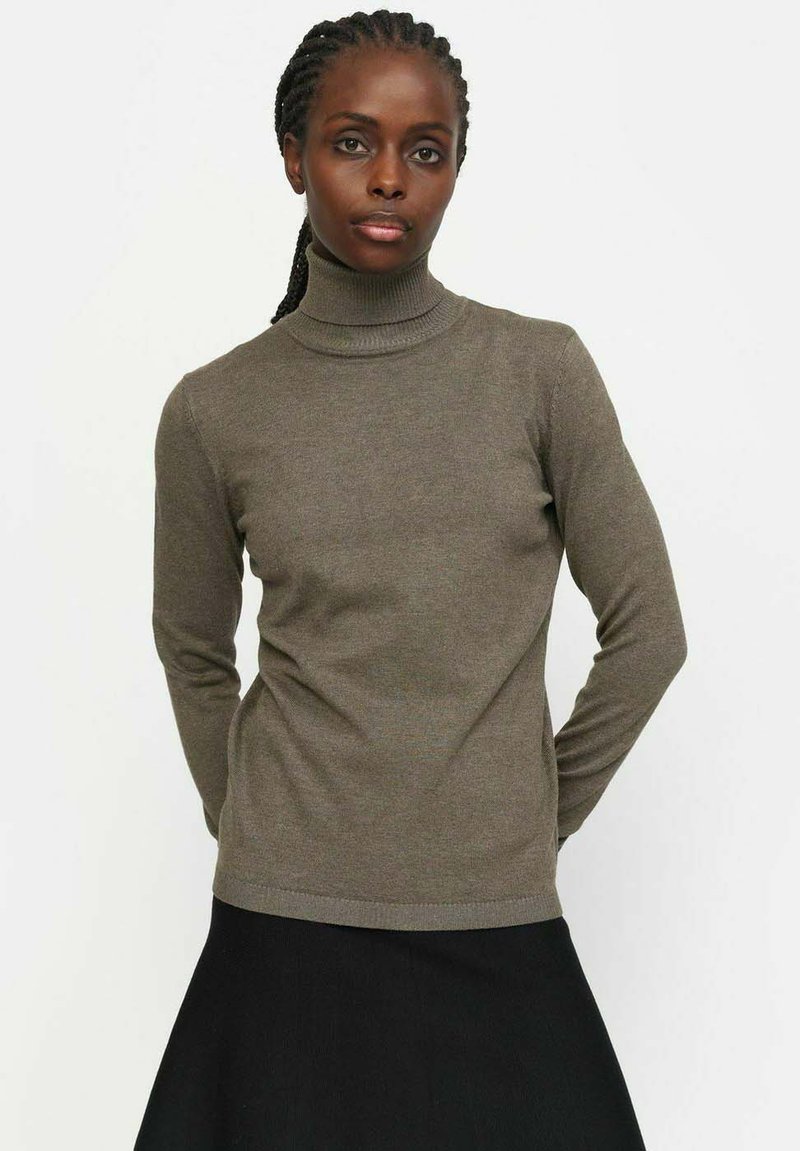 Rjava turtleneck pulover iz mehkega materiala, z dolgimi rokavi in prilagojenim oblikovanjem. Oblečen z črno krilo, odprta enobarvna ozadje.