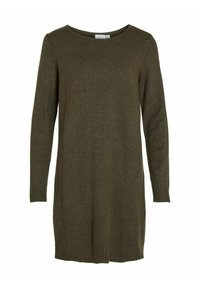 Abito lungo in maglia verde oliva con maniche lunghe e scollatura tonda, polsini e orlo a coste. Texture morbida con taglio dritto e spacchi laterali.