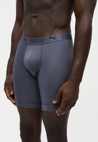 Αρσενικός κορμός με σκούρα γκρι boxer Puma με λογότυπο στη μέση, στέκεται μπροστά σε απλό φωτεινό φόντο.
