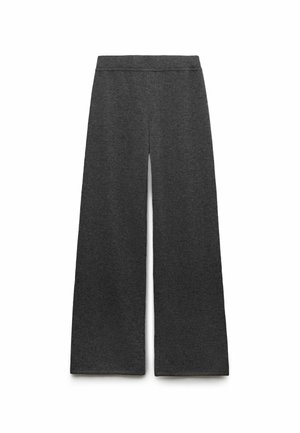 Wide-leg trousers in dark gray fabric, featuring a smooth waistband and a soft texture. No prominent patterns or detailing visible.