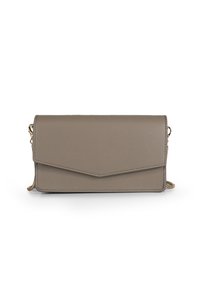 Portafoglio pieghevole in ecopelle taupe, con chiusura a triangolo, hardware dorato e un compartimento con zip.