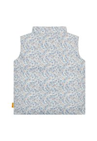 Kwiatowa kamizelka z pastelowym niebieskim i kremowym wzorem, z kołnierzykiem i bez rękawów. Lekki materiał o gładkiej fakturze.