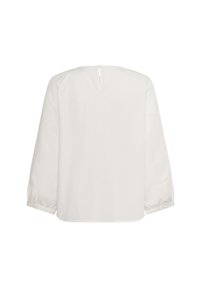 Weißes Blusenshirt mit langen Puffärmeln, Rundhalsausschnitt und Knopfverschluss hinten. Glattes, leichtes Material mit schlichter Gestaltung.