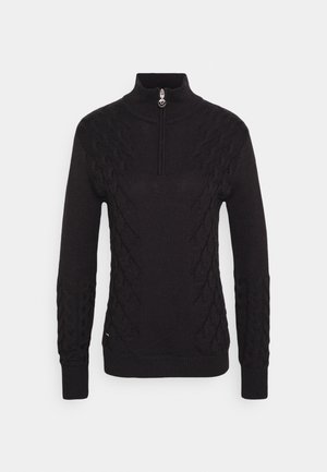 Czarny sweter z dzianiny o splocie warkoczowym, z długimi rękawami i kołnierzem na suwak do ćwiartki, ozdobiony srebrnym suwakiem.