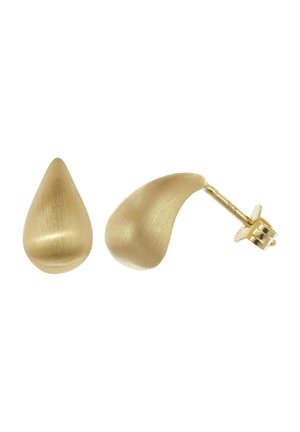 Pair of gold teardrop-shaped stud earrings with a brushed finish on white background.
