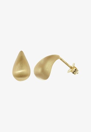 Paar goldene Ohrringe in tropfenförmigem Design mit gebürsteter Oberfläche vor weißem Hintergrund.