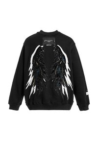 Sudadera negra con intrincados diseños de alas en la parte posterior, en lentejuelas blancas e iridiscentes, con cuello y puños de canalé.