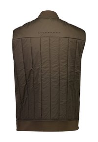 Brun vadderad väst med vertikal sömnad, med en ribbad krage och en fållad nederkant. Varumärket präglat på övre ryggen.