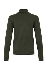 Pull à col roulé vert foncé à manches longues avec poignets, ourlet et col côtelés, vu de dos sur fond blanc.