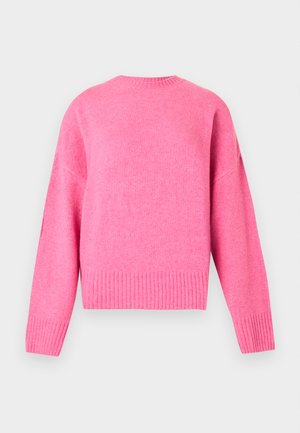 Bright pink long-sleeve knitted sweater with ribbed cuffs, hem, and crew neckline, displayed on a plain light gray background.
