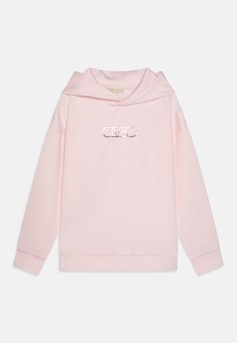 Haut à capuche rose clair en tissu doux, avec un grand logo frontal en métal brillant. Comprend une capuche spacieuse et des poignets côtelés.