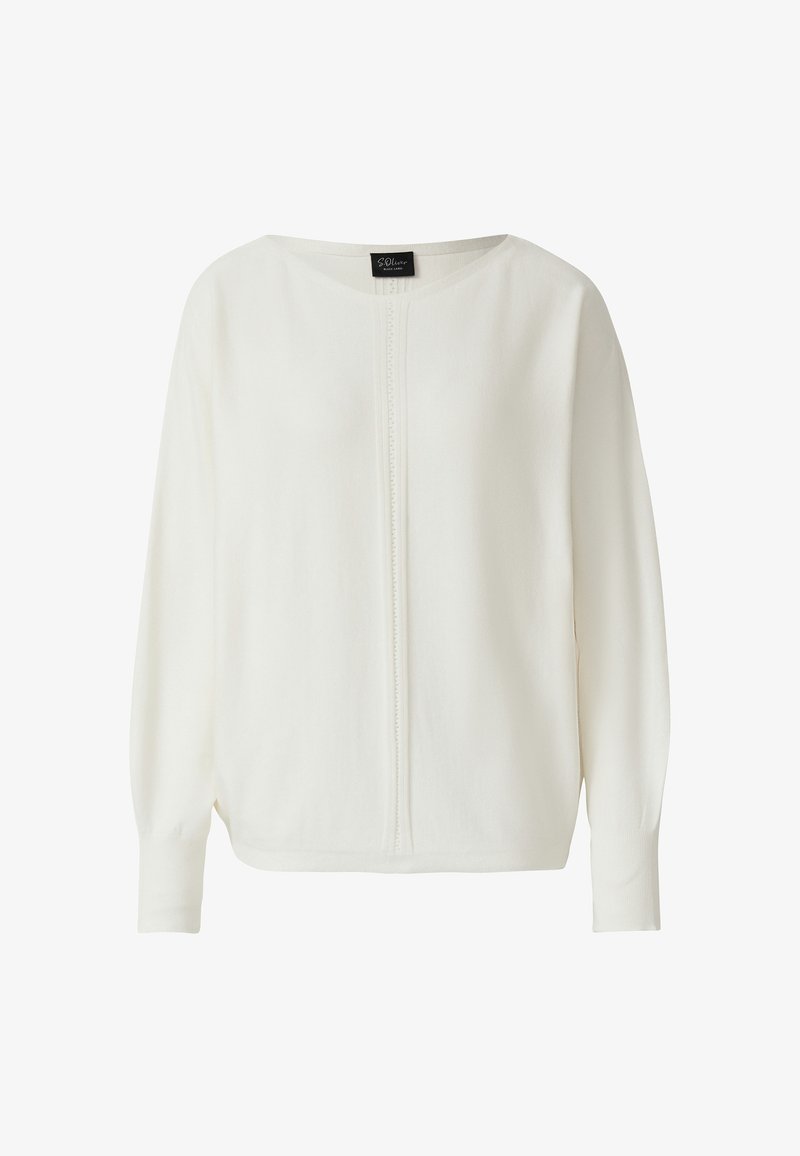 Haut blanc à manches longues en tissu doux, avec un col rond et un détail de couture à l'avant. Coupe ample avec des poignets à bords côtelés.