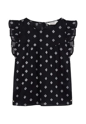 Blusa negra sin mangas con patrones de diamantes blancos y detalles de volantes en los hombros, hecha de tela ligera.