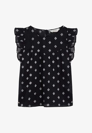 Blusa negra sin mangas con patrones de diamantes blancos y detalles de volantes en los hombros, hecha de tela ligera.