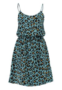 En ärmlös, teal klänning med ett leopardsmönster i svarta och orange toner, med resårmidja för en avslappnad passform.