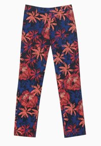 Blomstrede leggings med en marineblå baggrund og lyse røde og blå blomster, lavet af letvægts, strækbart stof med en tætsiddende pasform.