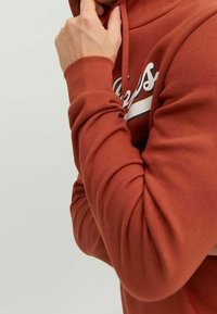 Hoodie color ruggine con tasca frontale, cappuccio con lacci e logo bianco sul petto. Tessuto liscio, maniche lunghe, design aderente.