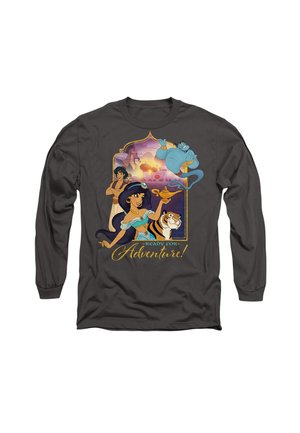 Long-sleeve dark grey shirt featuring a colorful graphic with characters and text “Ready for Adventure!” in gold script and vibrant details.