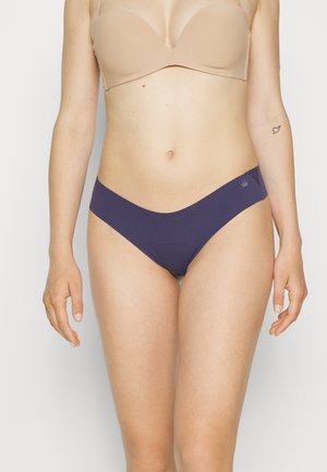 Marineblauwe bikini-slipjes met een gladde textuur, middellange taille en een eenvoudig ontwerp. Kenmerkt een klein logo-accent op de tailleband.