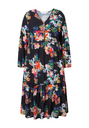 Bloemenjurk met een zwarte achtergrond, lange mouwen, v-hals, gathered taille en gelaagde zoom. Bevat levendige oranje, roze en groene bloemen.