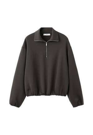 Sweat-shirt à col montant gris foncé, avec une courte fermeture éclair à l'avant et un ourlet élastiqué. Tissu doux avec une coupe décontractée et ample.