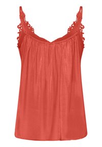 Raudonas rankovių neturintis viršus su reguliuojamomis petnešėlėmis, nėriniais papuoštu iškirpte ir minkšta, klostuota medžiaga, suteikiančia laisvą prigludimą.