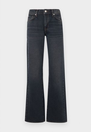 Dark blue flared jeans made of denim, with a high waist, front pockets, belt loops, and a visible metal button for closure.