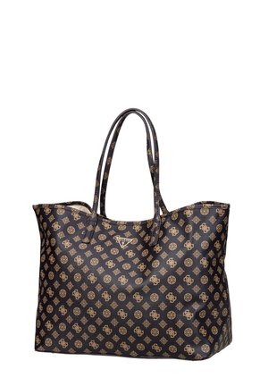 Borsa tote Guess con motivo nero e marrone, dotata di doppi manici e targhetta con logo triangolare al centro frontale.