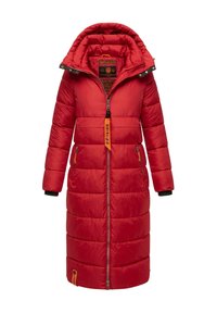 Red puffer coat with a long design, zip front, and elastic cuffs. Features two side pockets and a drawstring hood. Accented with an orange tag.
