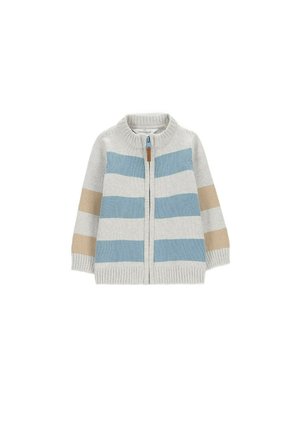 Dziecięcy dziergany sweter zapinany na zamek z szerokimi poziomymi paskami w kolorach niebieskim, beżowym i białym oraz ściągaczami przy kołnierzu, mankietach i dole.