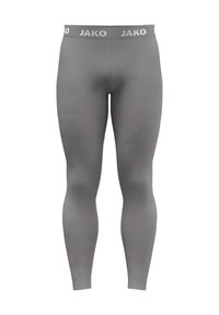 Grijze sportleggings met een gladde textuur, voorzien van een mid-rise tailleband gemarkeerd met de merknaam "JAKO" in witte letters.