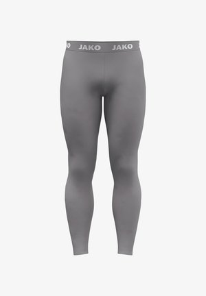 Grijze sportleggings met een gladde textuur, voorzien van een mid-rise tailleband gemarkeerd met de merknaam "JAKO" in witte letters.
