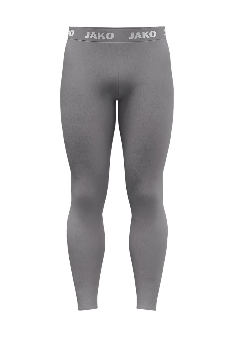 Grijze sportleggings met een gladde textuur, voorzien van een mid-rise tailleband gemarkeerd met de merknaam "JAKO" in witte letters.