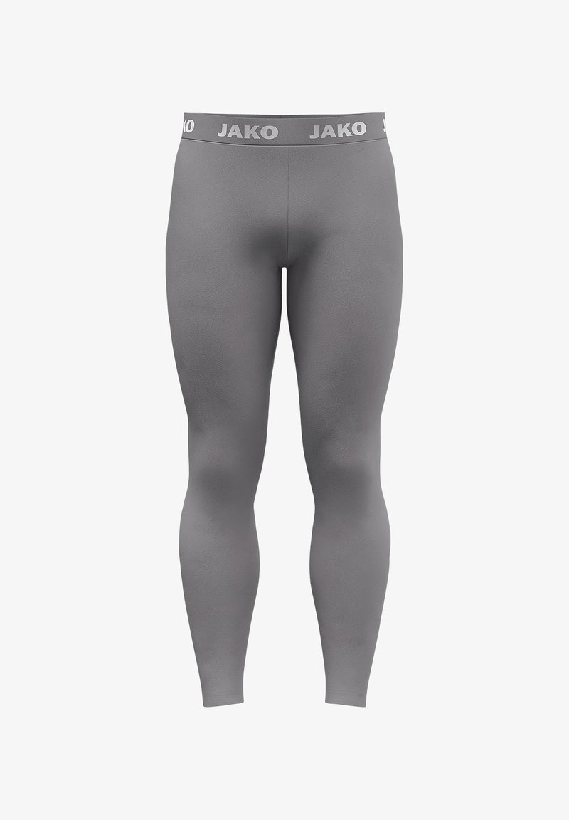 Graue Sportleggings mit glatter Textur, ausgestattet mit einem mittelhohen Bund, der mit dem Markennamen "JAKO" in weißer Schrift gekennzeichnet ist.