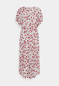 Kwiatowa sukienka midi z krótkimi rękawami, białe tło, czerwony i czarny wzór kwiatowy, w talii z paskiem, zwiewny materiał, luźny krój.