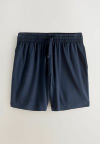Shorts décontractés bleu marine avec taille élastique et cordon de serrage à l'avant, fabriqués en tissu doux et léger.