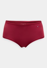 Bordo aukštas bikinio dugnas, pagamintas iš lygaus audinio. Yra mažas logotipas arti juosmens ir be siūlių dizainas.