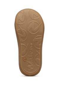 Suola di scarpa in gomma naturale, marrone chiaro, con texture a motivi fogliari e logo "Naturino", forma arrotondata con bordo liscio.