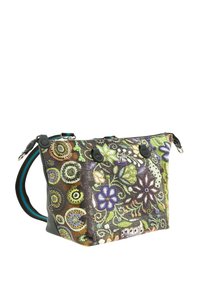 Petit sac à main avec des motifs floraux et circulaires brodés colorés, des accents noirs et une bandoulière réglable à rayures.