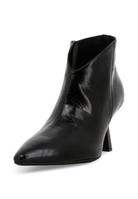 Stivaletto in pelle nero con punta a punta, cerniera laterale e tacco alto sottile e affusolato.