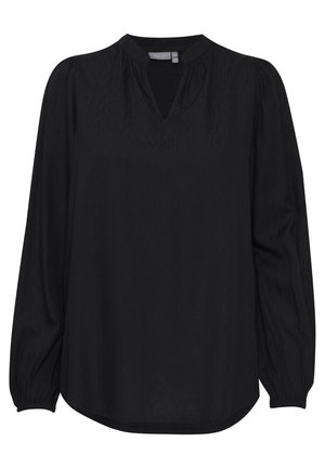 Svart långärmad blus med V-ringning, samlad axeldetalj och elastiska manschetter. Tillverkad av lättviktsmaterial med subtil textur.