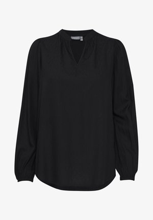 Svart långärmad blus med V-ringning, samlad axeldetalj och elastiska manschetter. Tillverkad av lättviktsmaterial med subtil textur.