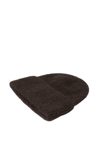 Ciemnobrązowa wełniana czapka beanie z miękkiego, teksturowanego materiału. Posiada podwinięty mankiet i zaokrąglony kształt czubka.