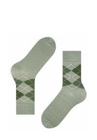 Calzini di cotone verdi con un motivo a diamante in verde scuro e accenti bianchi. Lunghezza alla caviglia, con una texture morbida e punta arrotondata.