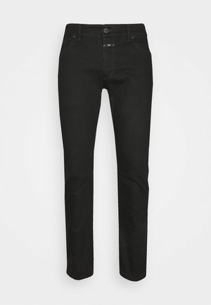Mustat farkut slim fit -mallilla, joissa on tavanomainen nappisulku, viisi taskua ja minimaalinen ompelu. Sileä tekstuuri.