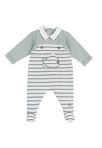 Gestreepte romper in zacht groen en wit, met knopen, een witte kraag en een vissendetail met borduursel op de voorkant. Gemaakt van katoen.