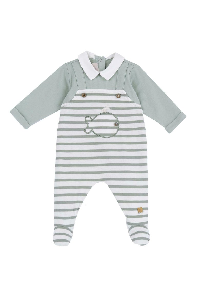 Gestreepte romper in zacht groen en wit, met knopen, een witte kraag en een vissendetail met borduursel op de voorkant. Gemaakt van katoen.