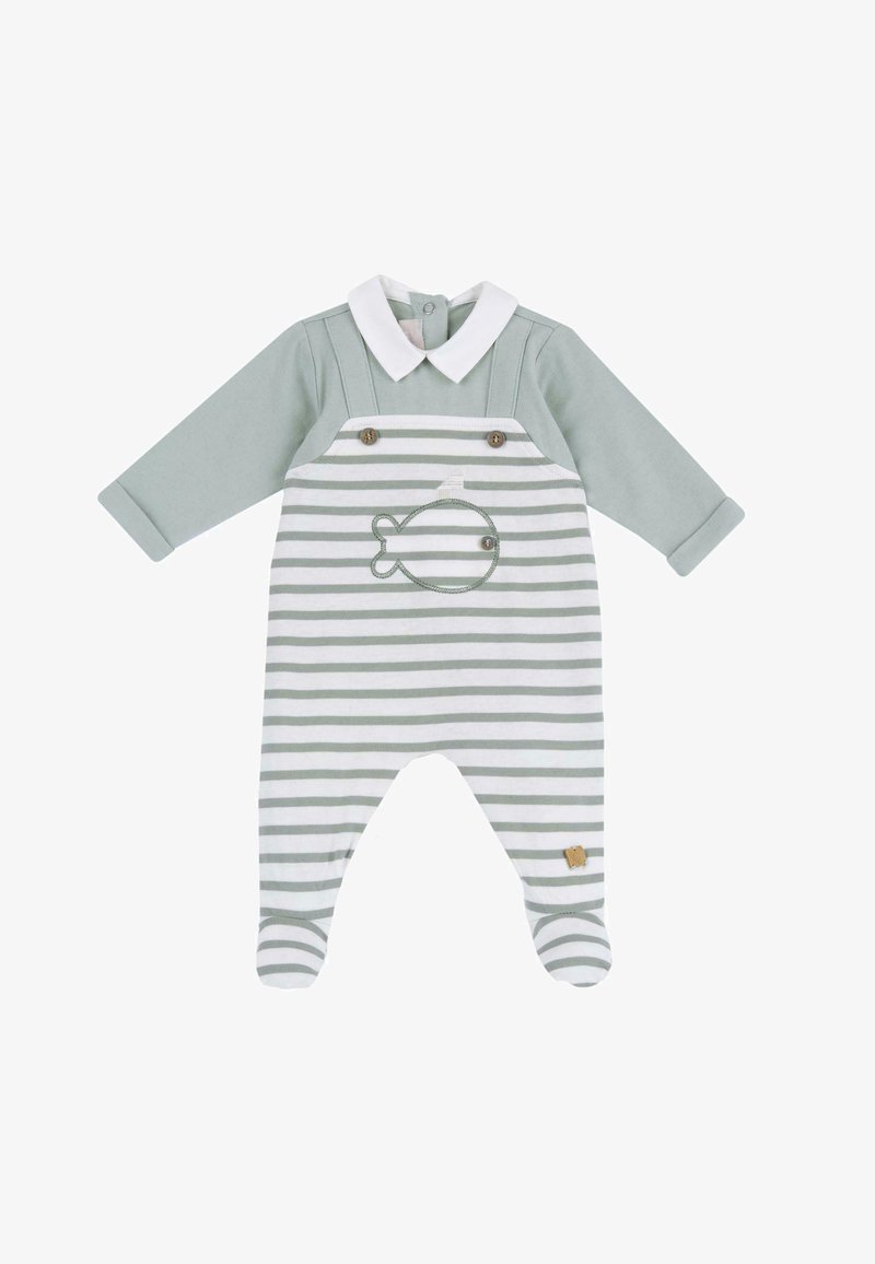Gestreepte romper in zacht groen en wit, met knopen, een witte kraag en een vissendetail met borduursel op de voorkant. Gemaakt van katoen.