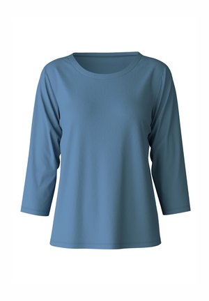 Blue, long-sleeve lightweight shirt with a round neckline. Smooth, solid fabric; relaxed fit with three-quarter sleeves and a straight hem.